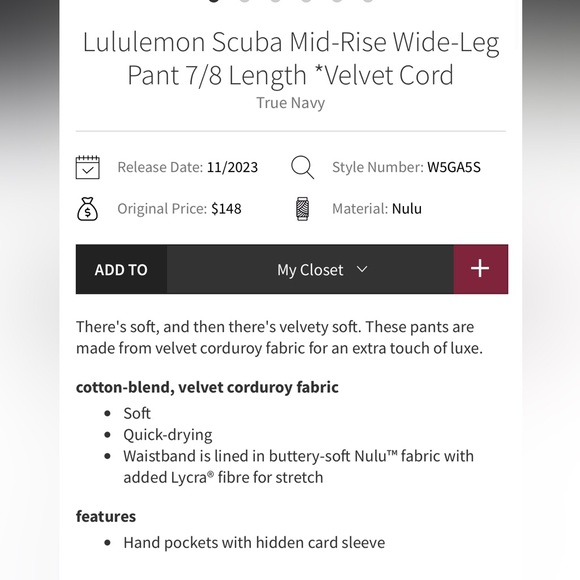 Lululemon Scuba Mid Rise Wide Leg Pant 7/8 Velvet Cord 8 True Navy - Picture 3 of 10